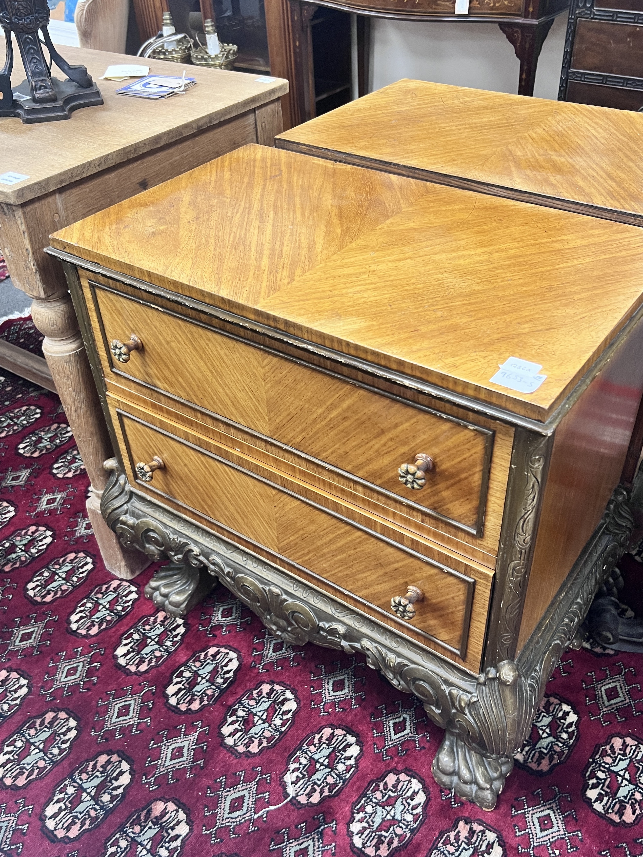 A pair of George I style giltwood and walnut two drawer chests, width 72cm, depth 41cm, height 71cm